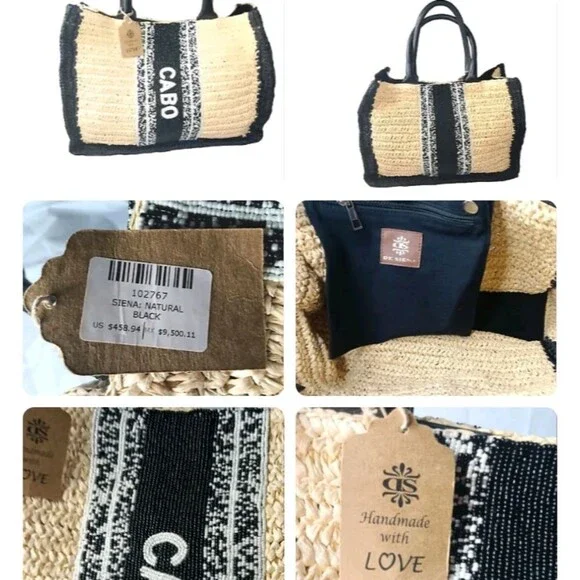 DE SIENA CABO Raffia Tote Bag Natural & Black Beaded Bag Retail $458 - Picture 9 of 10